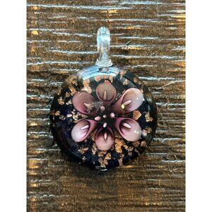 Hand Blown Murano Style Glass Pendant Black Gold Purple Floral Design 1.5 Inches